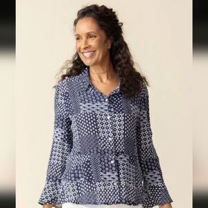 Habitat Double Flounce Blue Patchwork Top 31625 Indigo Long Sleeve Medium Button